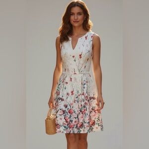 Kut From The Kloth Size 8 Floral Fit‎ Flare V Neck Sleeveless Dress Ivory